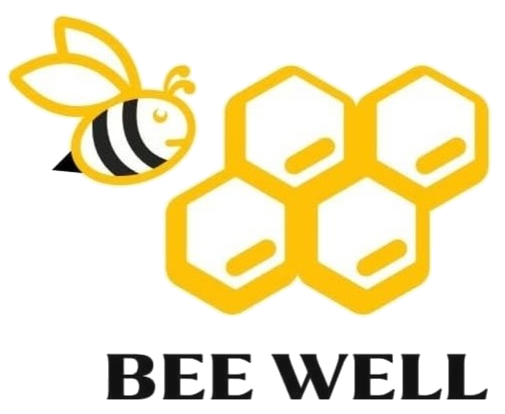 BeeWell: una abeja junto a un panal de cuatro hexágonos